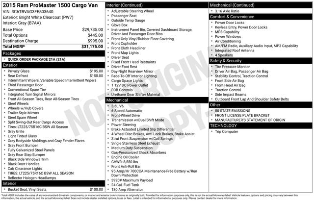 Used 2015 RAM ProMaster Cargo Van Base with VIN 3C6TRVAG3FE503640 for sale in Bay Minette, AL