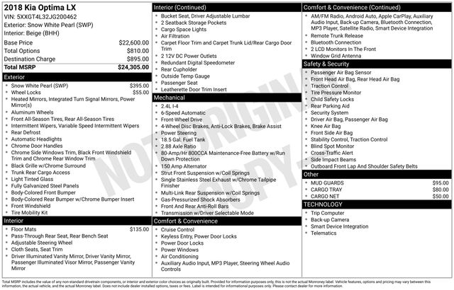 Used 2018 Kia Optima LX with VIN 5XXGT4L32JG200462 for sale in Bay Minette, AL