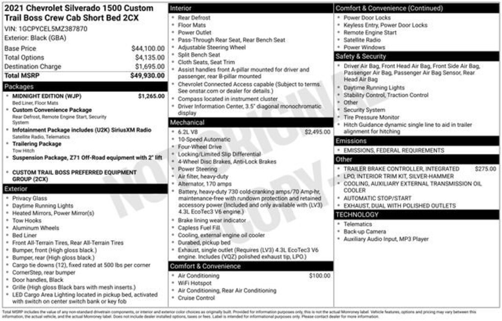 Used 2021 Chevrolet Silverado 1500 Custom Trail Boss Truck