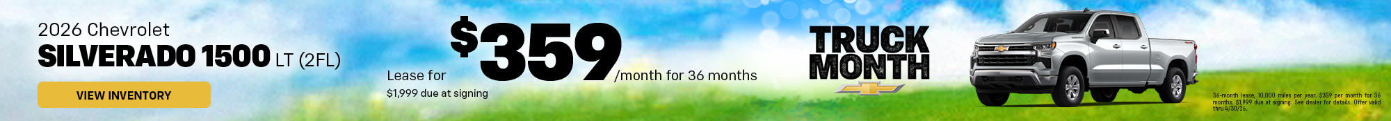 2026 Chevrolet Silverado 1500 LT (2FL) Lease for $359/month for 36 months $1,999 due at signing