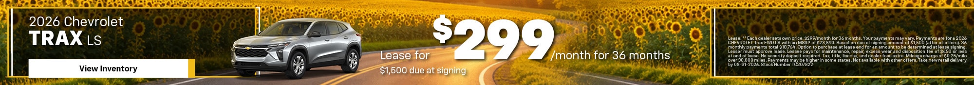 2026 Chevrolet Trax LS Lease for $299/month for 36 months $1,500 due at signing