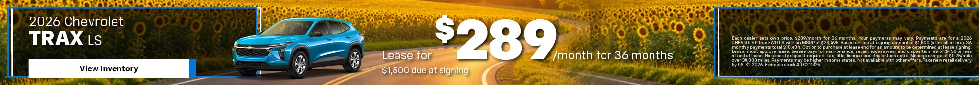 2026 Chevrolet Trax LS Lease for $289/month for 36 months $1,500 due at signing
