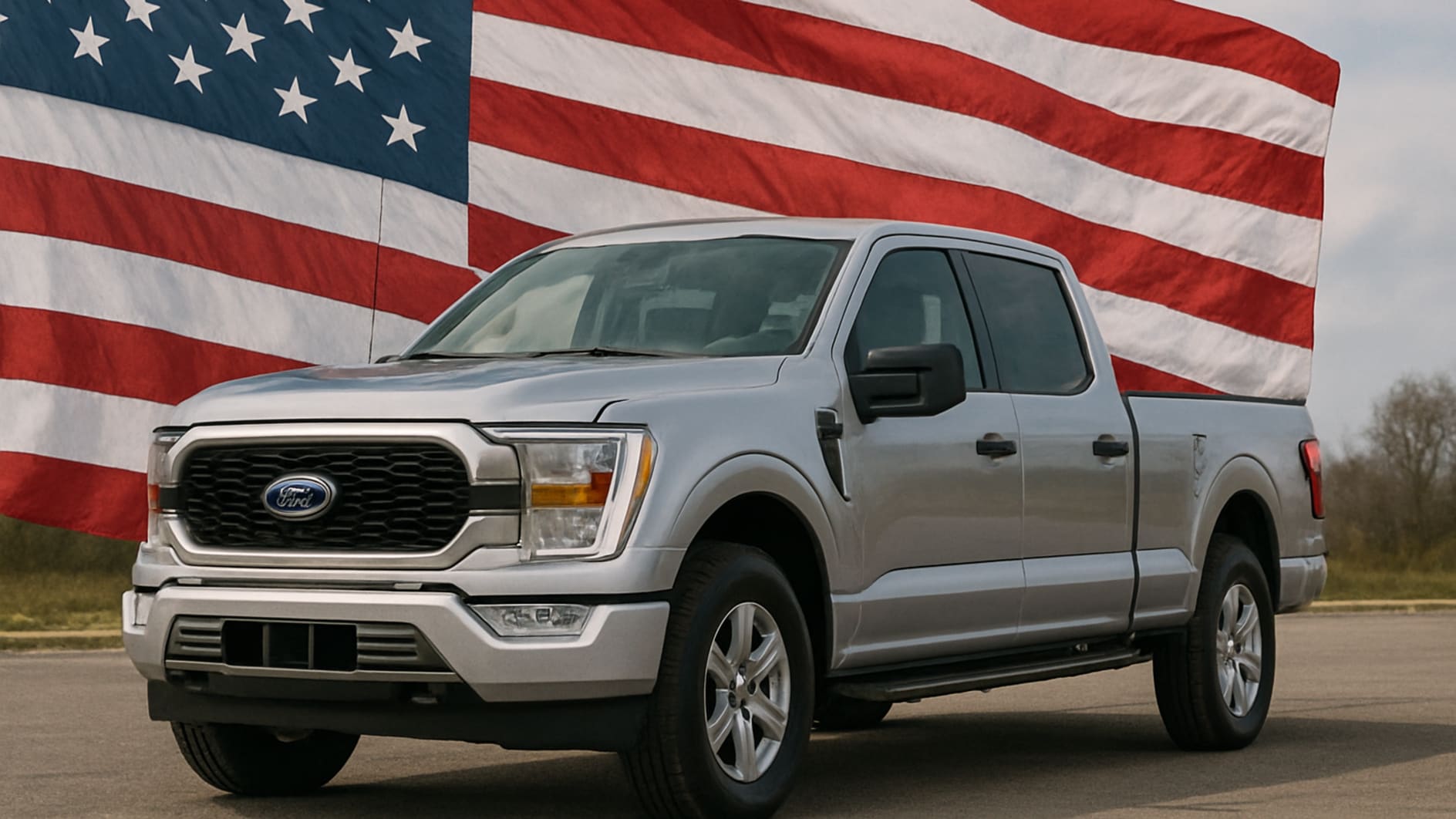 Silver Ford F-150 truck in front of an American flag Silver Ford F-150 truck in front of an American flag