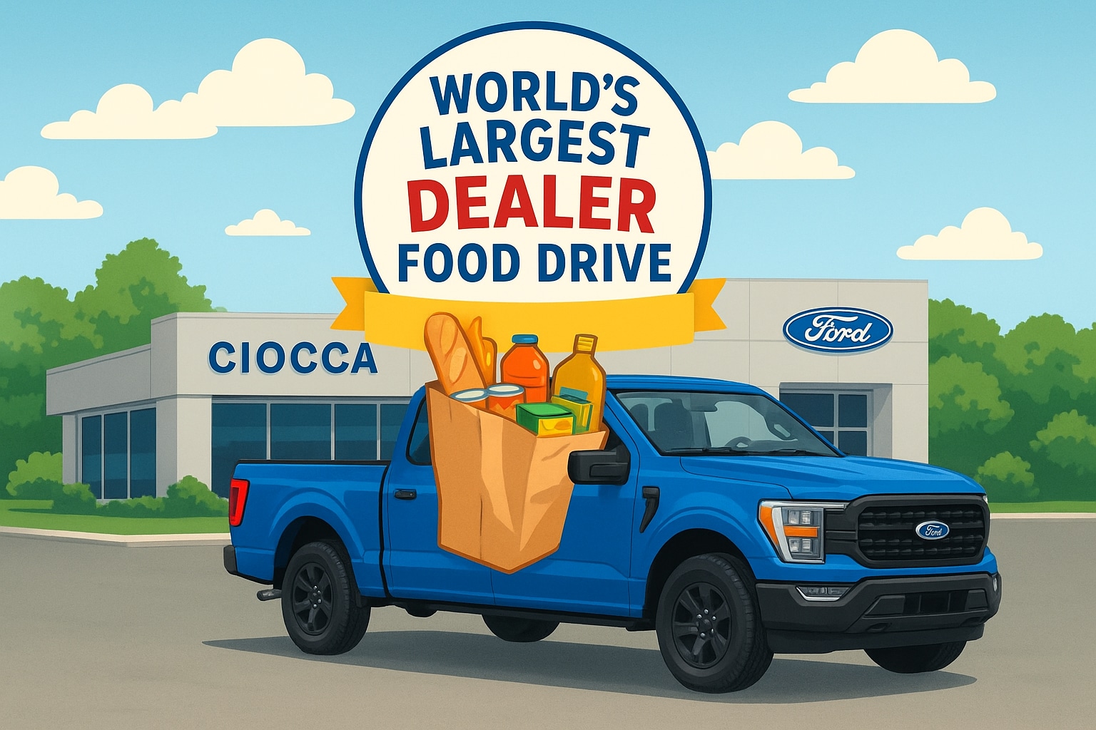Blue Ford F-150 promoting York County Food Bank food drive at Ciocca Ford of Red Lion