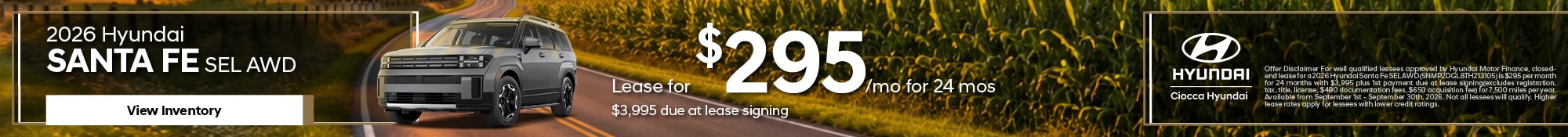 2026 Hyundai Santa Fe SEL AWD Lease for $295/mo for 24 mos $3,995 due at lease signing
