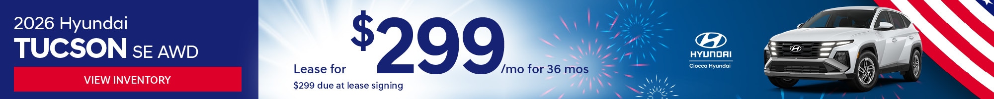 2026 Hyundai Tucson SE AWD - Lease for $299/mo for 36 mos  - For well qualified lessees approved by Hyundai Motor Finance, closed-end lease for a 2026 TUCSON SE AWD, $299 per month for 36 months with $299 plus 1st payment due at lease signing (excludes registration, tax, title, license, processing or documentation fees, insurance and any emission charge) for 7,500 miles per year. Available from May 1, 2026 through June 1, 2026. Not all lessees will qualify. Higher lease rates apply for lessees with lower credit ratings. See dealer for complete details. 