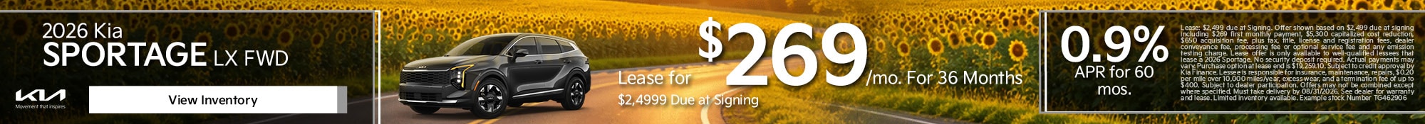 2026 Kia Sportage LX FWD - Lease for $269/mo. For 36 Months - $2,499 due at Signing.  or 0.9% APR for 60 months.