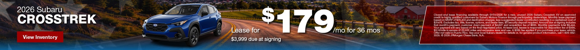 2026 Subaru Crosstrek - Lease for $179/mo for 36 mos - $3,995 due at signing
