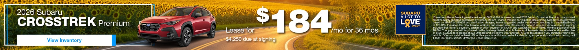 2026 Subaru Crosstrek Premium Lease for $184/mo for 36 mos $4,250 due at signing 