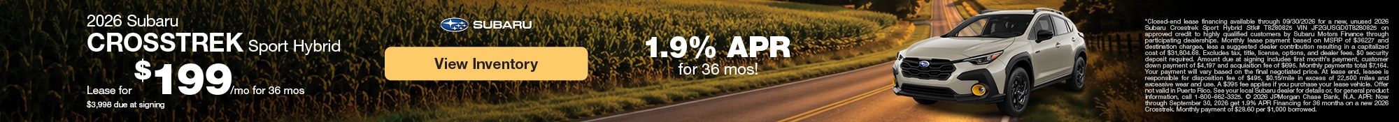 2026 Subaru Crosstrek Sport Hybrid Lease for $199/mo for 36 mos $3,998 due at signing or 1.9% for 36 months!
