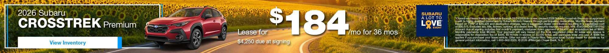 2026 Subaru Crosstrek Premium Lease for $184/mo for 36 mos $4,250 due at signing