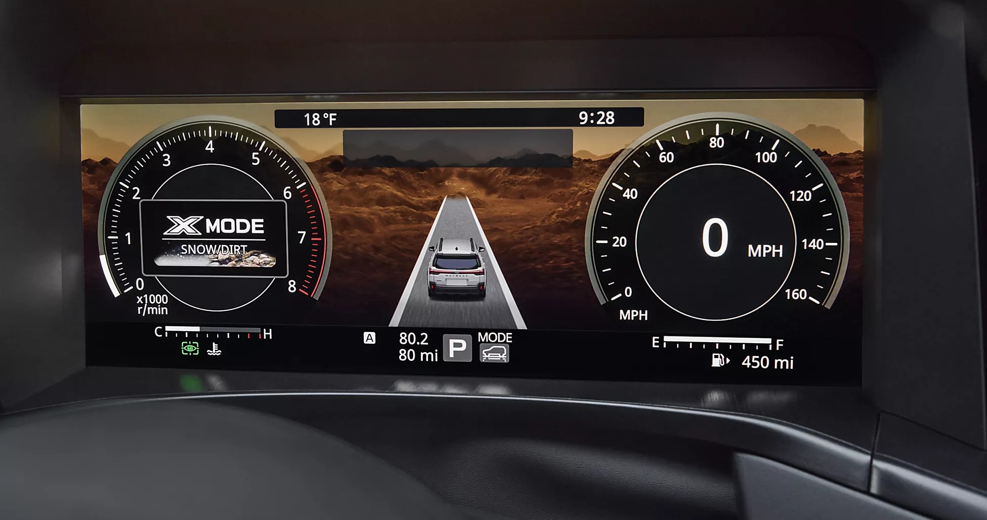 Subaru digital instrument cluster displaying X-MODE Snow and Dirt setting