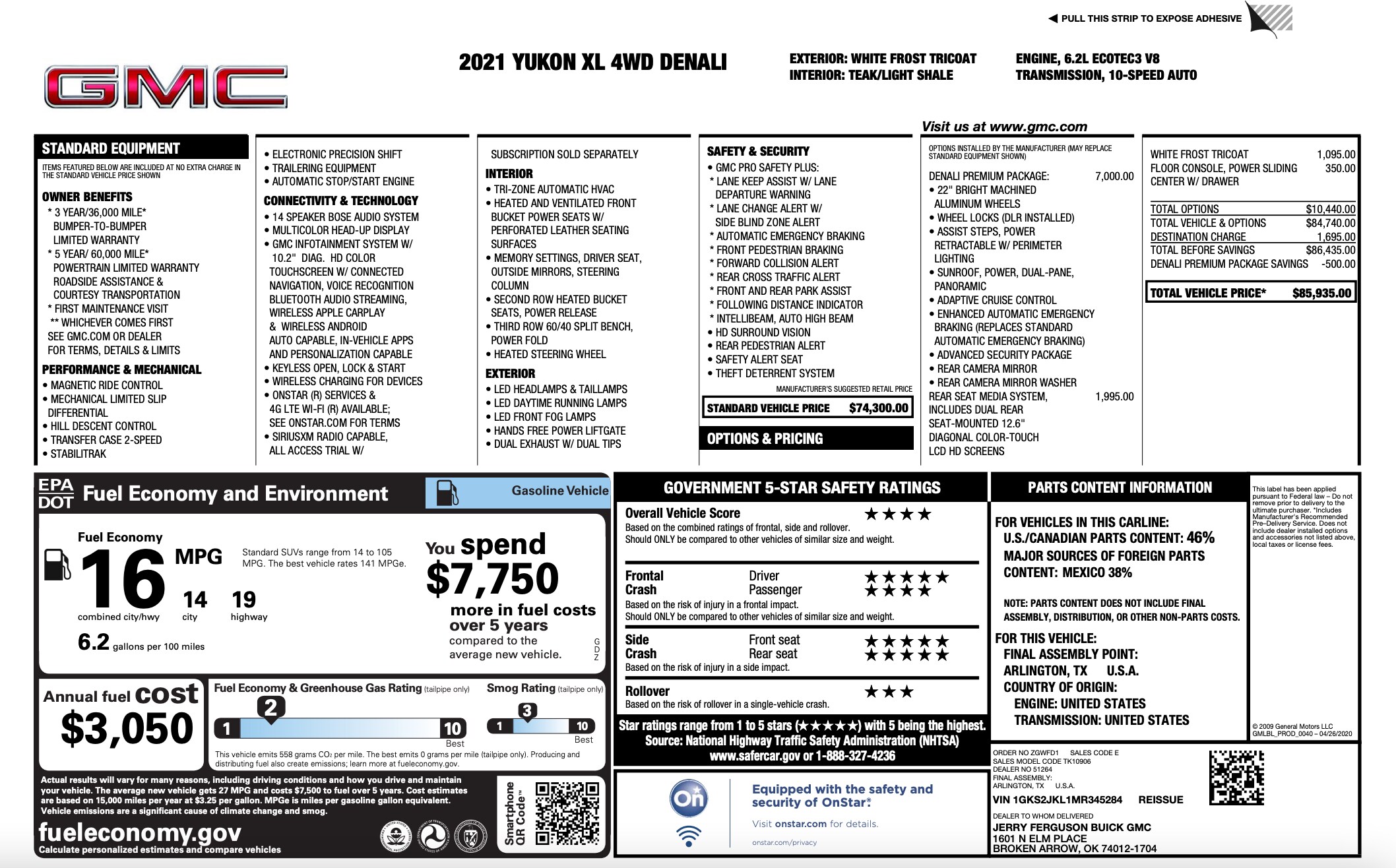 Used 2021 GMC Yukon XL Denali with VIN 1GKS2JKL1MR345284 for sale in Knoxville, TN