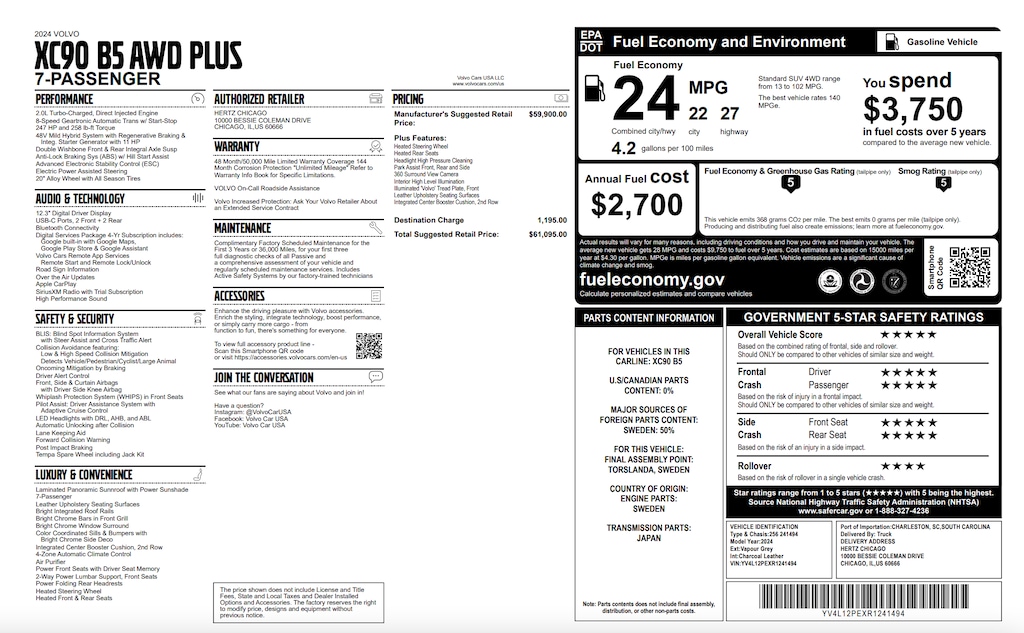 Certified 2024 Volvo XC90 B5 AWD Plus Bright Theme 7P Sport Utility