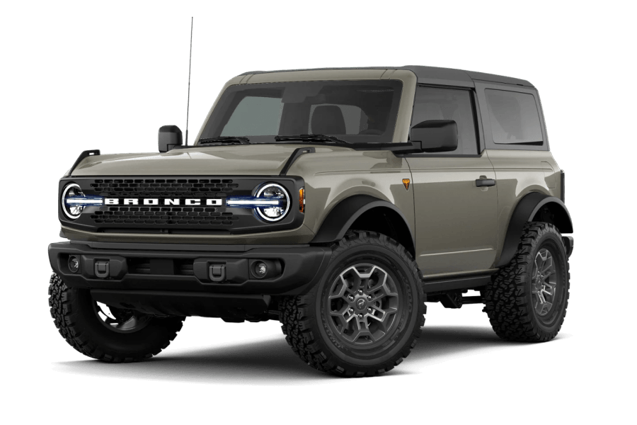2026 Ford Bronco Badlands in Marsh Gray in three quarter angle.