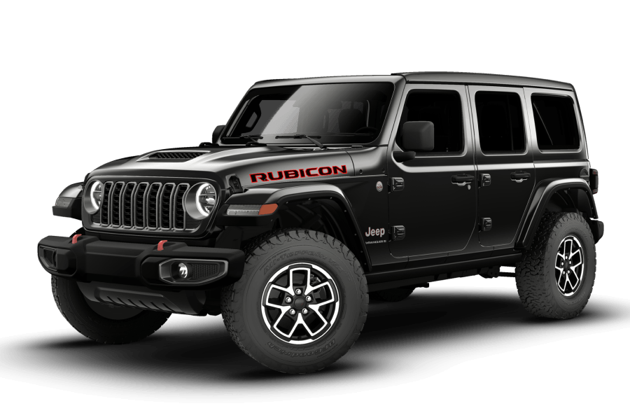2026 Jeep Wrangler Rubicon in Black Clearcoat in three quarter angle.