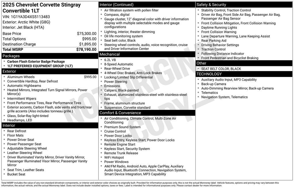 New 2025 Chevrolet Corvette Stingray 1LT Convertible