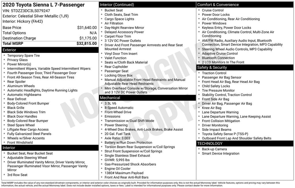Used 2020 Toyota Sienna L 7 Passenger Van