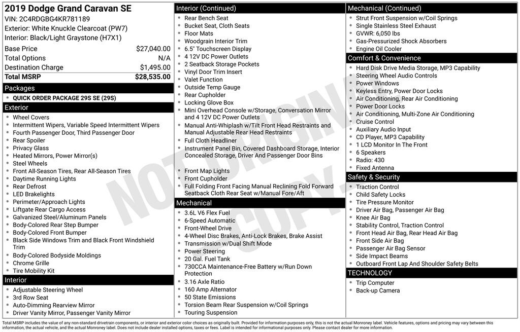 Used 2019 Dodge Grand Caravan SE Van Passenger Van