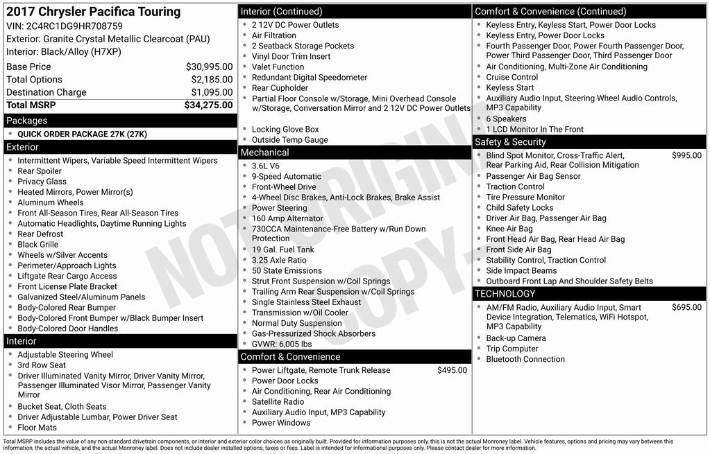 Used 2017 Chrysler Pacifica Touring with VIN 2C4RC1DG9HR708759 for sale in Albion, MI