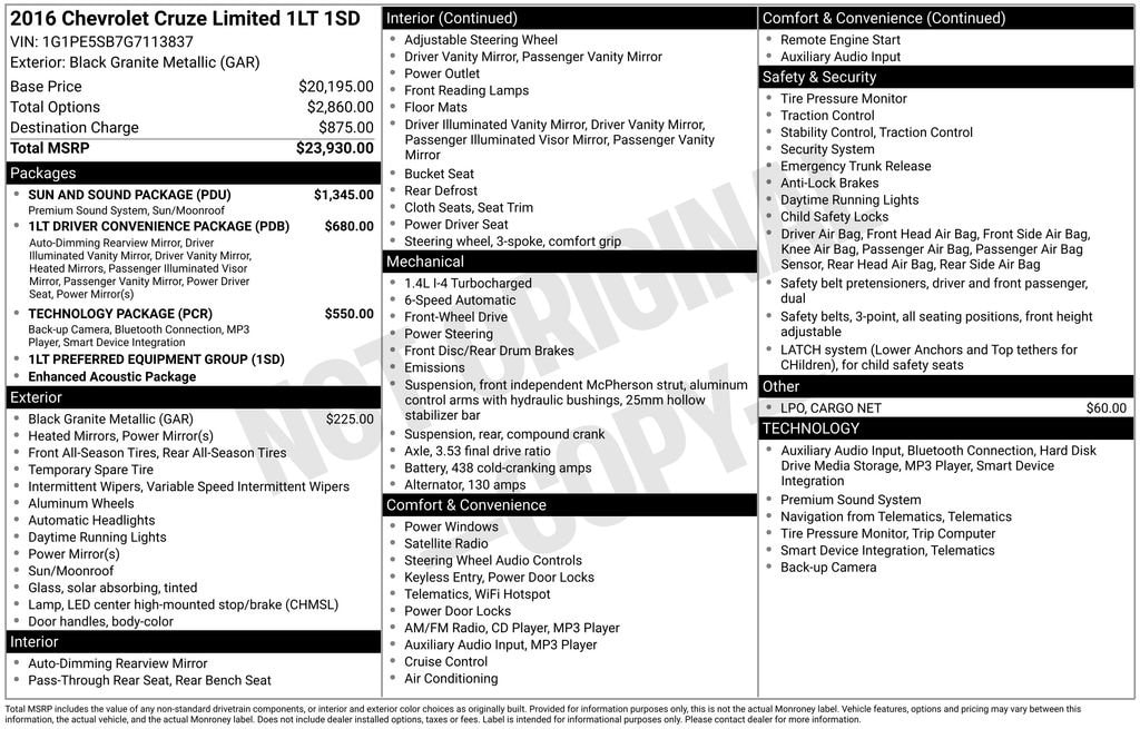 Used 2016 Chevrolet Cruze Limited 1LT with VIN 1G1PE5SB7G7113837 for sale in Albion, MI