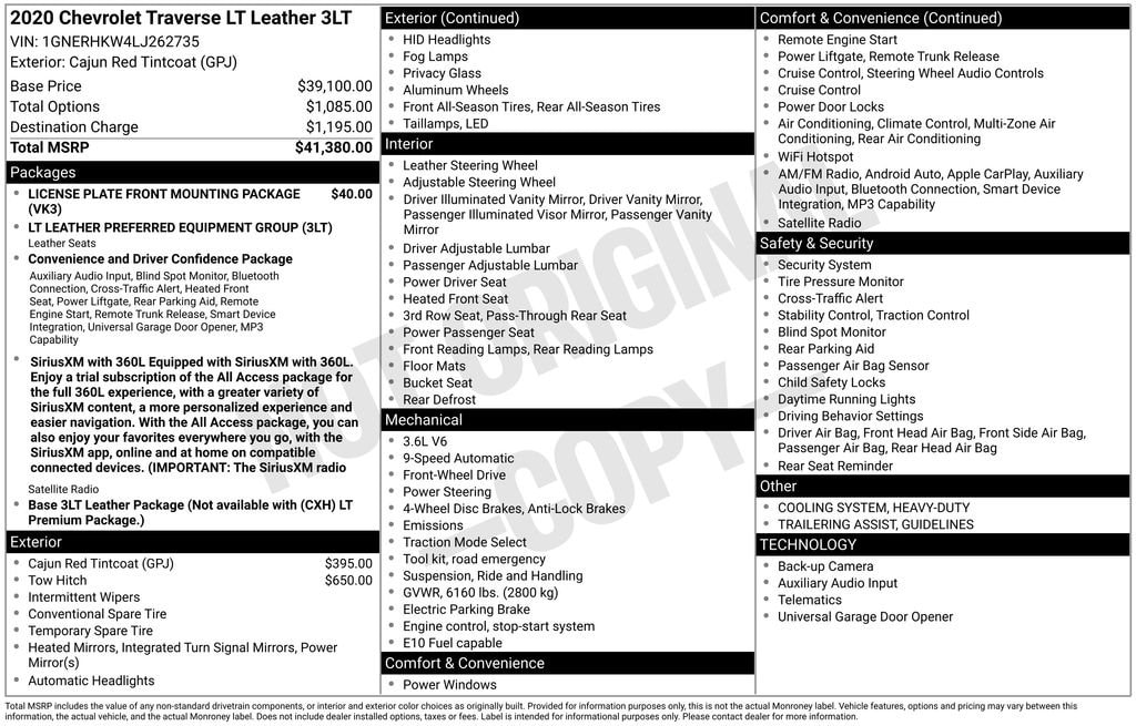 Used 2020 Chevrolet Traverse 3LT with VIN 1GNERHKW4LJ262735 for sale in Albion, MI