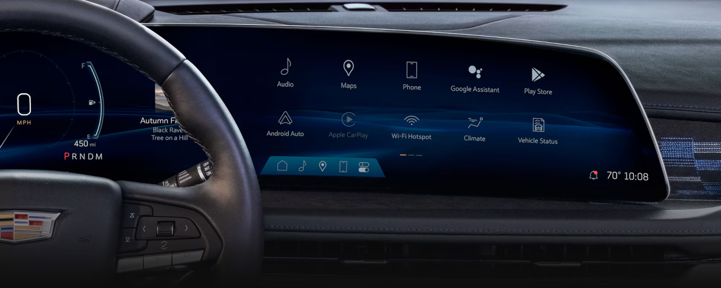 Google built-in navigation and connectivity displayed on a Cadillac infotainment screen