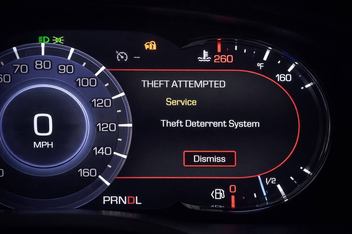 Cadillac theft deterrent system warning on a dashboard