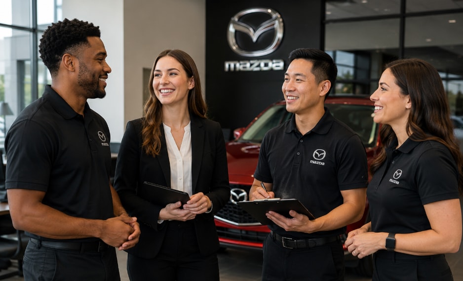 Group of Mazda employees in showroom