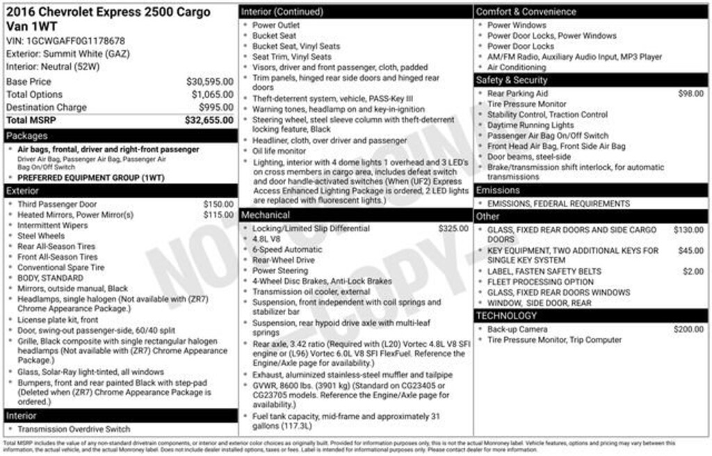 Used 2016 Chevrolet Express Cargo 2500 Regular Wheelbase