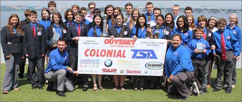 Colonial School District students hold their trophies as they celebrate their top finishes at the 2014 Technology Student Association National Conference