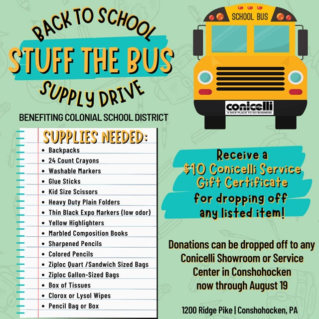 Get a $10 Gift Certificate for Conicelli Service when you help us STUFF THE BUS!