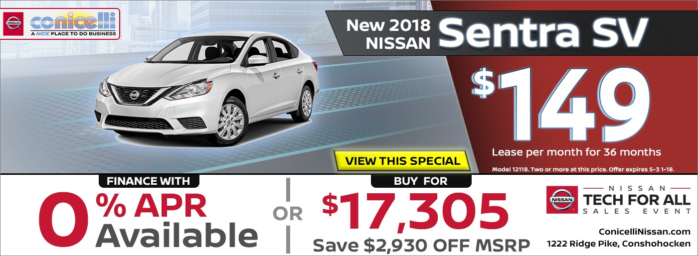 $149/mo. leases a New 2018 Nissan Sentra SV at Conicelli Nissan. Click or call 1-888-Conicelli now!