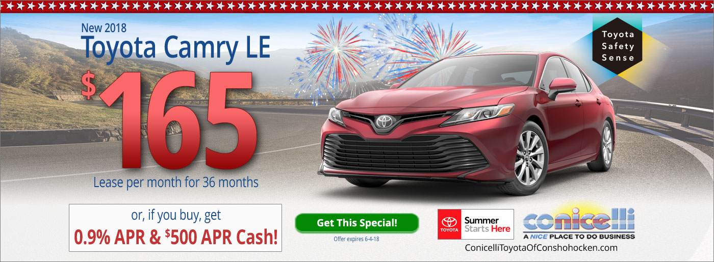$165/mo. leases a New 2018 Toyota Camry LE at Conicelli Toyota of Conshohocken. Call 1-888-Conicelli.