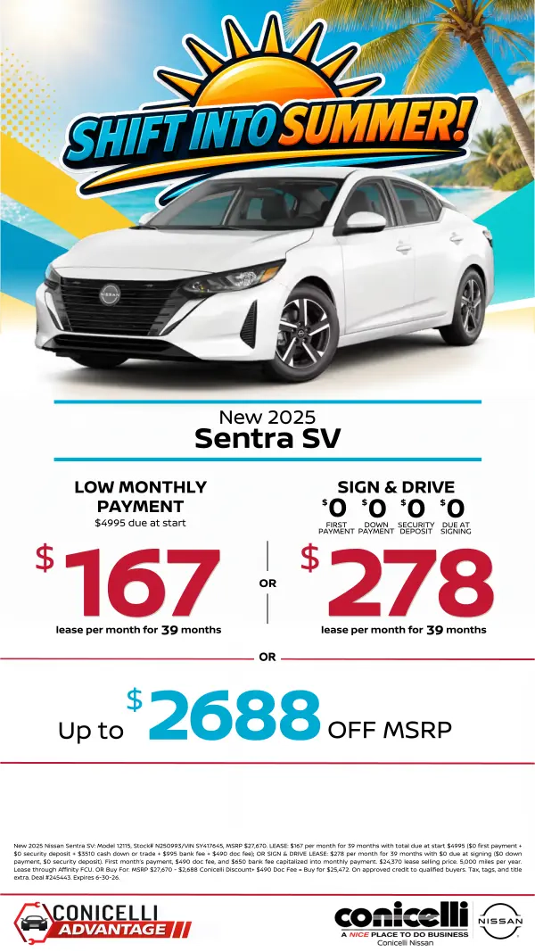 $167/mo. (OR $278/mo. with $0 due at signing) leases a New 2025 Sentra SV at Conicelli Nissan! Claim this Special...