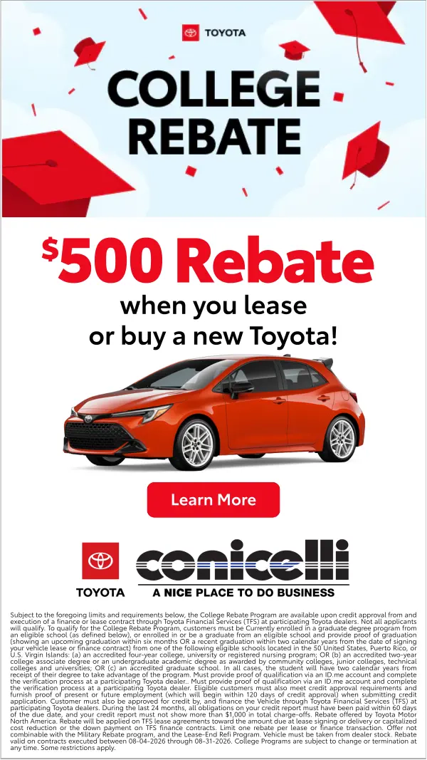 Recent college grads get a $500 rebate when you lease or buy a new Toyota! Click to learn more...