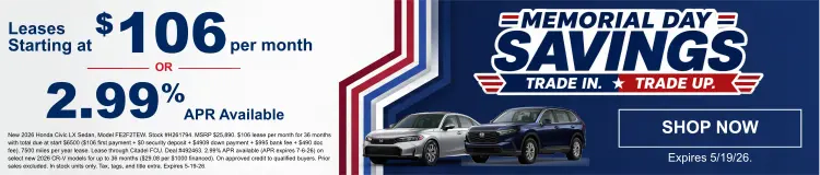 Conicelli Honda sales banner featuring leases starting at $106 per month and 2.99% APR financing available, valid through May 19th, 2026.