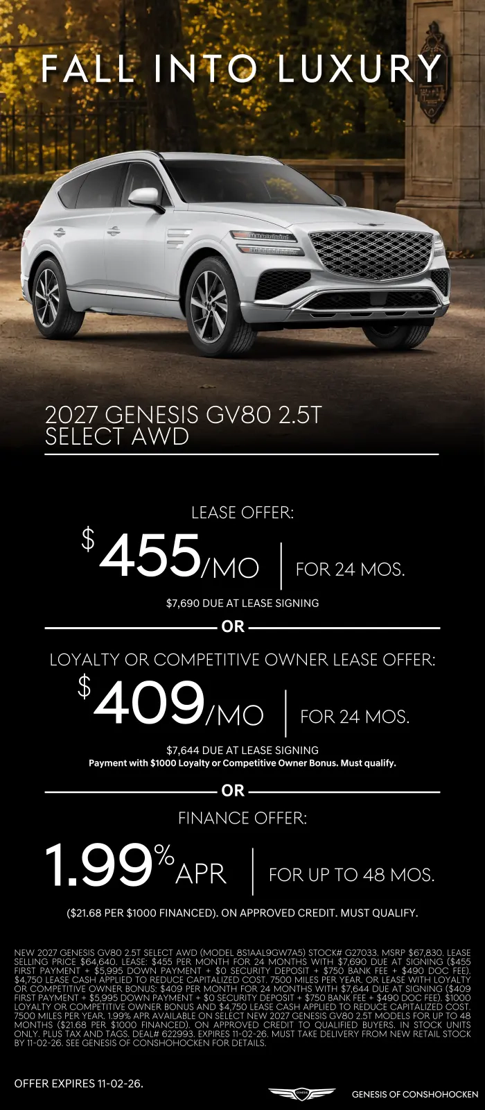 $455/mo. leases a New 2027 Genesis GV80 2.5T Select! View Specials...