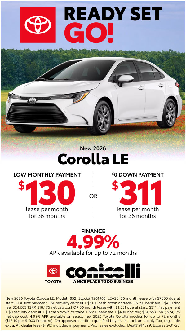 $130/mo. leases a New 2026 Corolla LE! View Specials...
