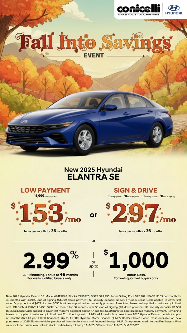 Sign & Drive a new 2025 Elantra SE for just $297/mo. or lease for $153/mo. Claim this Special...