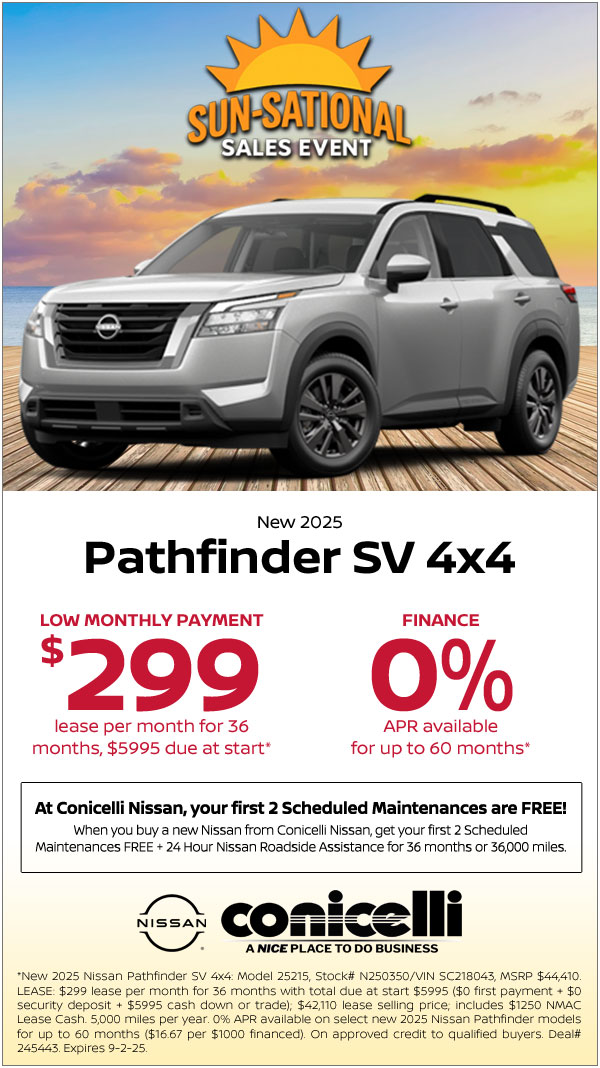 $299/mo. leases a New 2025 Pathfinder SV 4x4! Claim This Special...