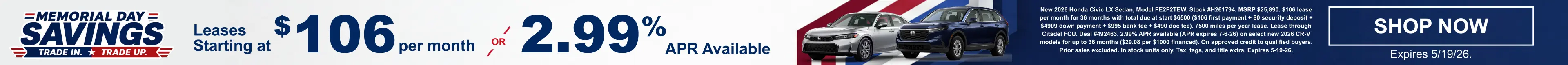 Conicelli Honda sales banner featuring leases starting at $106 per month and 2.99% APR financing available, valid through May 19th, 2026.