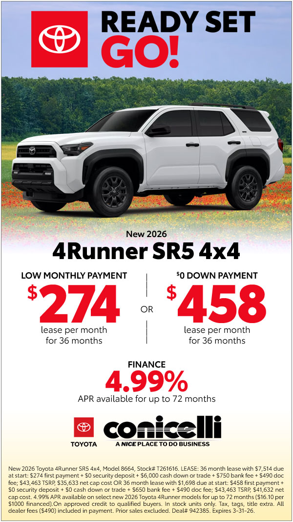 $274/mo. leases a New 2026 4Runner SR5 4x4! View Specials...