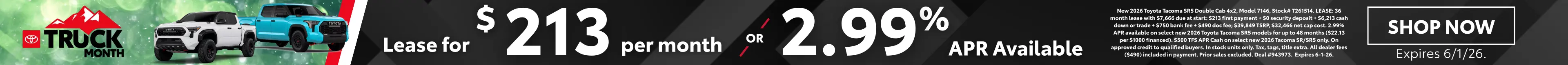 Conicelli Toyota Truck Month sales banner featuring Toyota trucks with lease offer of $213 per month or 2.99% APR financing, valid through June 1st, 2026.