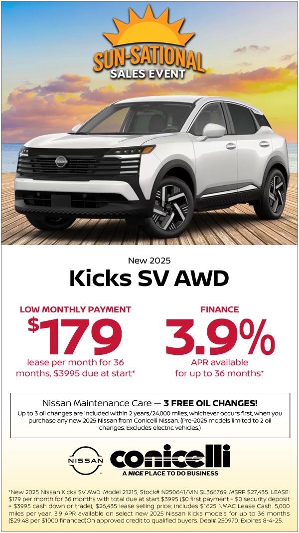 $179/mo. leases a New 2025 Nissan Kicks SV AWD! Claim this Special...