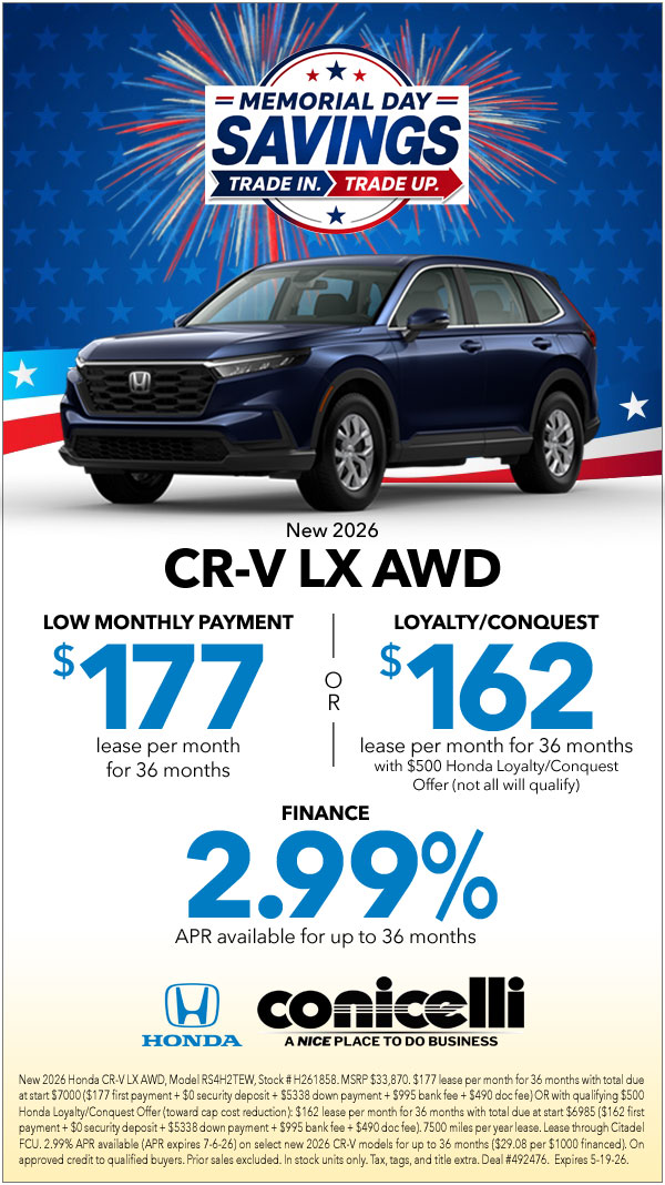$177/mo. leases a New 2026 CR-V LX AWD! Claim this Special...