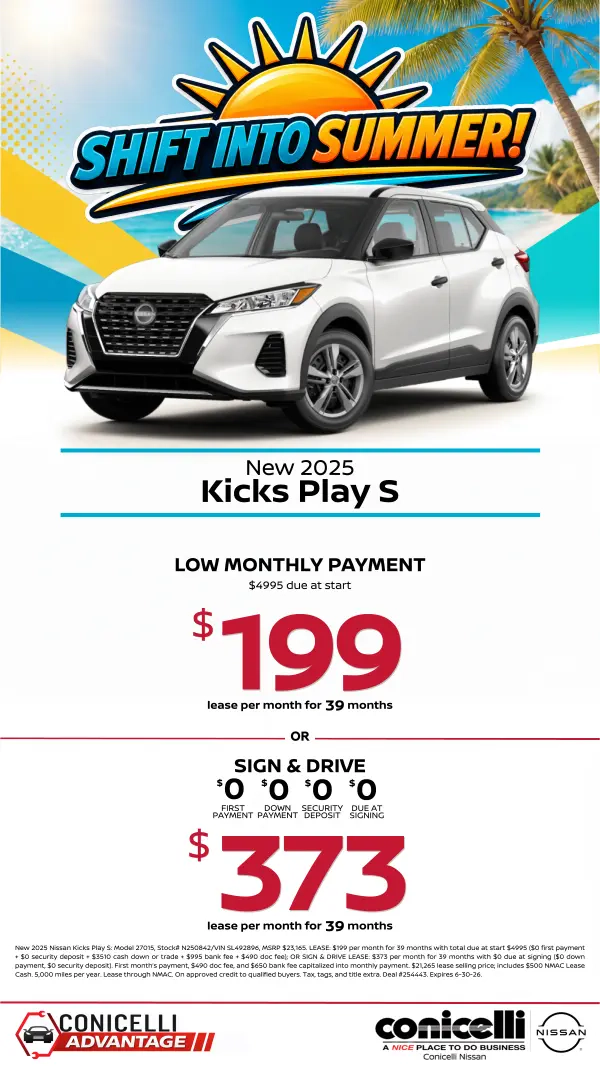 $199/mo. (OR $373/mo. with $0 due at signing) leases a New 2025 Kicks Play S at Conicelli Nissan! Claim this Special...