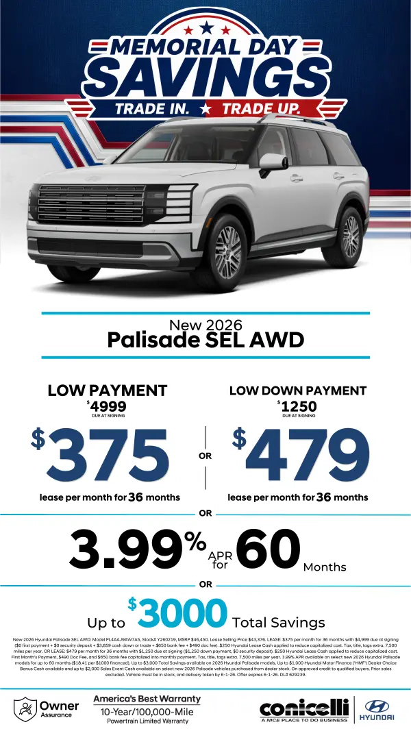 Lease a new 2026 Palisade SEL AWD for just $375/mo or Lease with a low down payment for just $479/mo. Claim this Special...