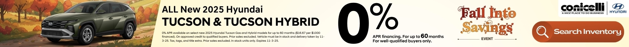 Get 0% interest on a new 2025 Hyundai Tucson at Conicelli Hyundai!