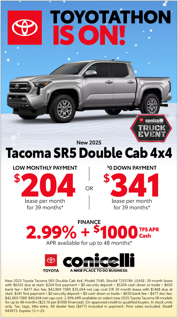 $204/mo. leases a New 2025 Tacoma SR5 Double Cab 4x4! Claim this Special...